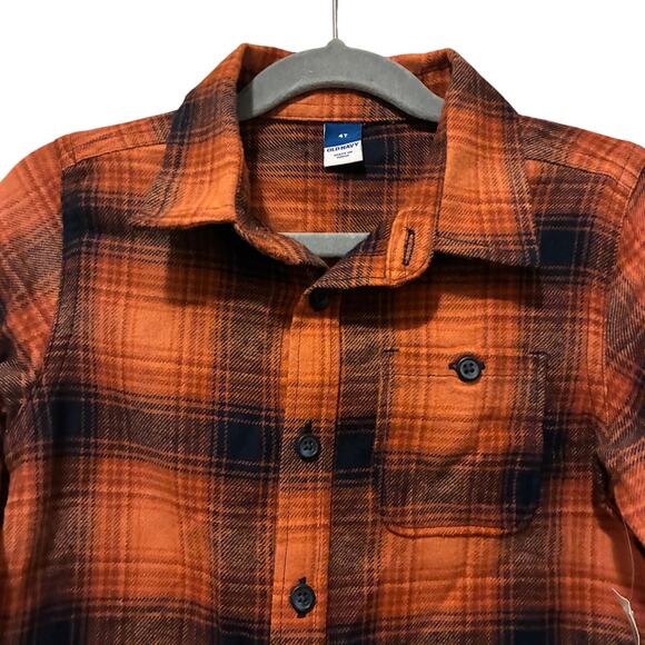 NWT Old Navy Orange Plaid Flannel Button Down Shirt Boys 4T 100% Cotton Fall - Picture 3 of 8